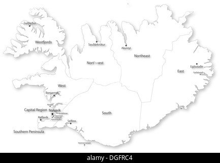 Karte von Island mit Regionen und Städte auf weiß. In WGS 84 Welt Mercator (EPSG:3395) Koordinatensystem projiziert. Stockfoto