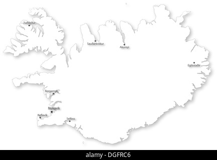 Karte von Island mit den wichtigsten Städten auf weiß. In WGS 84 Welt Mercator (EPSG:3395) Koordinatensystem projiziert. Stockfoto