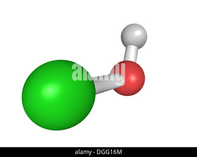 Chemische Struktur des Moleküls hypochlorige Säure (HClO). Salze von hypochlorige Säure in Bleichmittel, Desinfektionsmittel und Deodorants verwendet Stockfoto