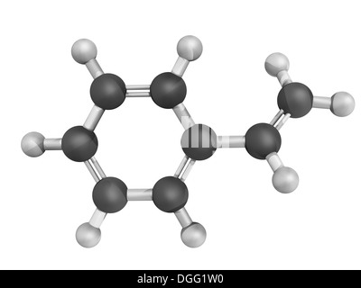 Chemische Struktur von Styrol (Vinyl Benzol), Polystyrol (PS) Kunststoff Baustein. Stockfoto