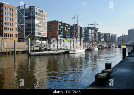 Historische Segelschiffe im historischen Hafen, modernen Wohn- und Bürogebäuden, Sandtorkai, Sandtorhafen und Kaiserkai Stockfoto