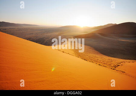 Sonnenaufgang von Düne 45 auf eine Wüstenlandschaft mit Dünen, Tsauchab-Tal, Sossusvlei, Namib-Naukluft-Park, Namib-Wüste, Namibia Stockfoto