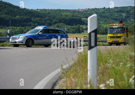 Crash-Website, Motorrad-Unfall auf der L 1150 Autobahn zwischen Welzheim und Haubersbronn, Baden-Württemberg Stockfoto