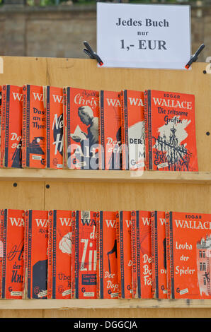 Gebrauchte Bücher in einem Regal zum Verkauf an den wöchentlichen Flohmarkt, Dresden, Sachsen Stockfoto