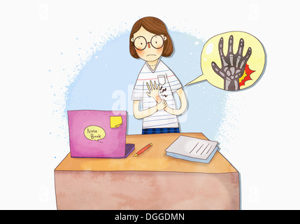 eine Abbildung einer Frau mit Hand-Schmerzen Stockfoto