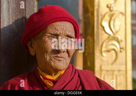 Alte tibetische Frau, gekleidet in rot, Porträt, Bagmati Zone, Nepal, Kathmandu, Kathmandu Bezirk Stockfoto