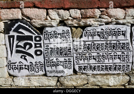 Mantra "Om Mani Padme Hum" geschnitzt in Steinplatten, Ghat z., Solukhumbu Bezirk, Sagarmāthā Zone, Nepal Stockfoto