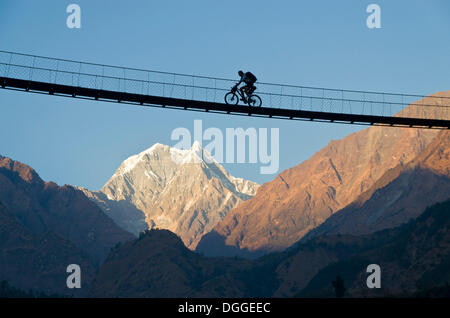 Radfahrer, die Überquerung einer Hängebrücke über Kali Ghandaki Tal, Nilgiri Mountain in den Rücken, Tatopani, Annapurna Region Nepal Stockfoto