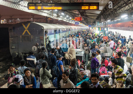 Überfüllten Plattform in New Delhi Railway Station, New Delhi, Delhi, Indien Stockfoto