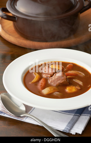 Stillleben mit Fleisch-Gemüse-Auflauf in Schüssel Stockfoto