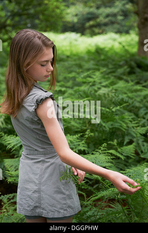 Teenager-Mädchen berühren Bracken im Wald Stockfoto