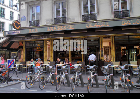 Paris Frankreich,9. Arrondissement,Rue de la Victoire,Velib Fahrradshare-Station,Restaurant Restaurants Essen Essen Essen Essen Cafe Cafés,Küche,Essen,Café,Brasserie, Stockfoto