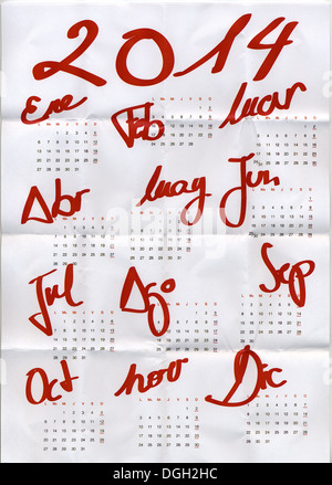 Modernes Spanisch 2014 Kalender in einem Blatt Papier gefaltet Stockfoto