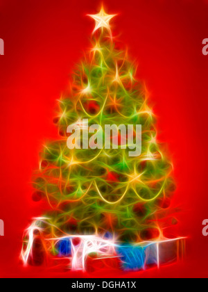 Schön dekoriert Weihnachtsbaum mit bunten Geschenken unter ihm. Künstlerische Darstellung auf leuchtend roten Hintergrund isoliert. Stockfoto