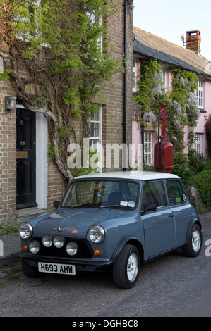 Oldtimer. Ein Austin Mini geparkt in der High Street von der malerischen Dorset Dorf Sydling St. Nikolaus. Dahinter befindet sich ein Vintage Zapfsäule. England. Stockfoto