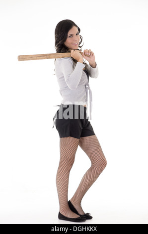 Ziemlich spanische Dame mit einem Baseballschläger, Studio-Porträt Stockfoto