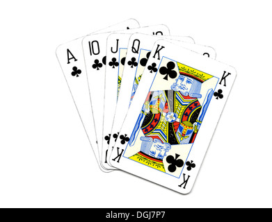 Spielkarten als Royal Flush in Clubs angeordnet Stockfoto