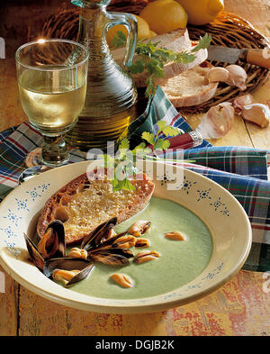 Miesmuscheln und Brokkoli-Suppe, Portugal. Stockfoto