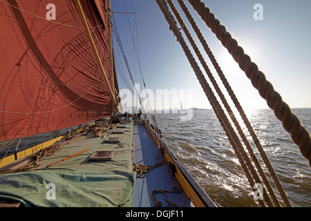 An Bord der Themse Segeln Lastkahn Edith Mai konkurrieren im 2012 Medway Barge Match. Stockfoto