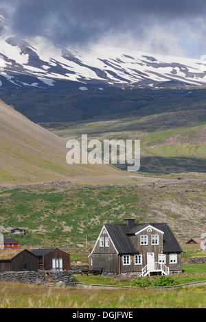Ferienhaus vor dem Vulkan Snæfelljoekull, Arnarstapi, Snæfellsness, Island Stockfoto