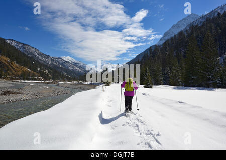 Schneeschuhwanderer am Rissbach Bach, Risstal, Rissbachtal, Karwendelgebirge, Tirol, Österreich Stockfoto