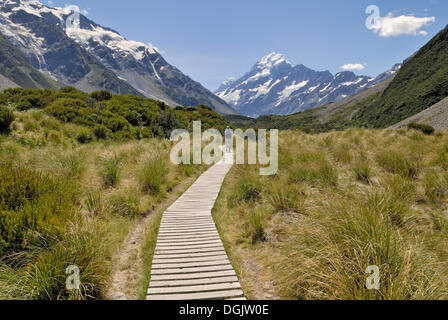 Promenade am Hooker Valley Walk vor Mount Cook, Mount Cook Nationalpark, Südinsel, Neuseeland Stockfoto