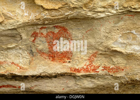 Historischen Felsen Zeichnung der Maori, Takiroa Rock Art Site, Duntroon, Highway 83, Südinsel, Neuseeland Stockfoto