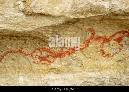 Historischen Felsen Zeichnung der Maori, Takiroa Rock Art Site, Duntroon, Highway 83, Südinsel, Neuseeland Stockfoto