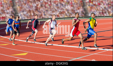 Sechs Athleten laufen Staffellauf Stockfoto