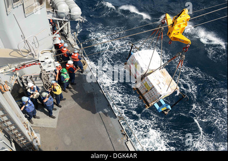 Matrosen, der Ticonderoga-Klasse geführte Flugkörper Kreuzer USS Antietam (CG-54) zugewiesen vorbereiten, Ladung zu empfangen, während ein Nachschub auf See mit der Military Sealift Command Lewis und Clark-Klasse Trockenfracht und Munition Schiff USNS Charles Drew (T-AKE-10) Stockfoto