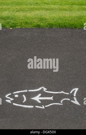 Richtungsanzeiger in Form eines Fisches ist auf dem Fußweg am Bonneville Dam Fish Hatchery, Oregon gemalt. Stockfoto