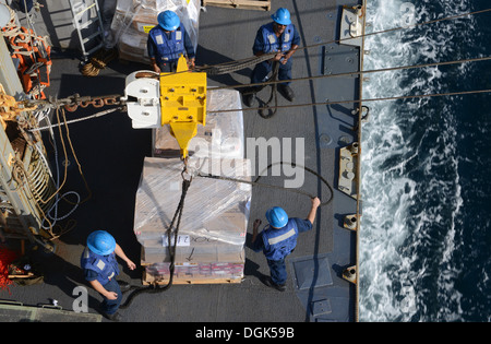 Matrosen erhalten Shops an Bord der geführte Flugkörper Kreuzer USS Gettysburg (CG-64) während einer Auffüllung auf See mit dem Militär Stockfoto