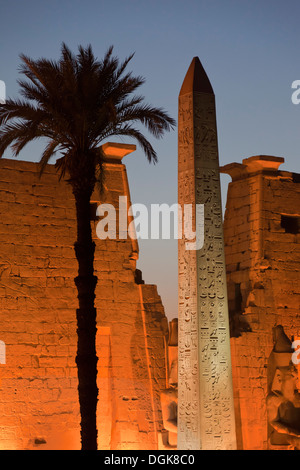 Der Obelisk von Luxor-Tempel bei Nacht beleuchtet. Stockfoto