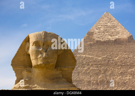 Die große Sphinx und der Chephren-Pyramide in Gizeh. Stockfoto