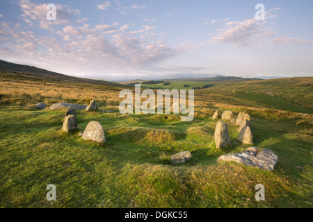 Sonnenaufgang am neun Jungfrauen Stein Kreis, Belstone. Dartmoor Nationalpark Devon Uk Stockfoto