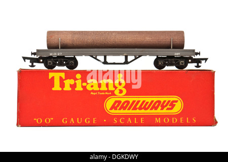 Jahrgang 1950 des Tri-Ang Eisenbahnen (R212) Drehgestell Kropf Wagen mit Log Last boxed Stockfoto