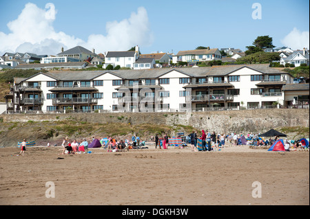 Bigbury am Meer South Devon England UK Strand und Ferienhäuser mit Blick aufs Meer Stockfoto