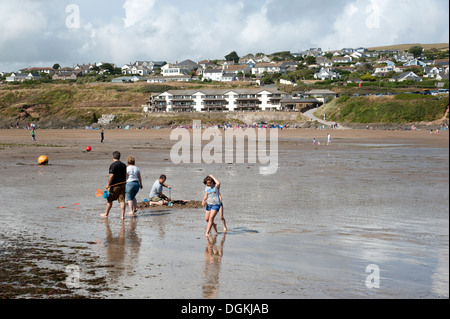 Bigbury am Meer South Devon England UK Strand und Ferienhäuser mit Blick aufs Meer Stockfoto