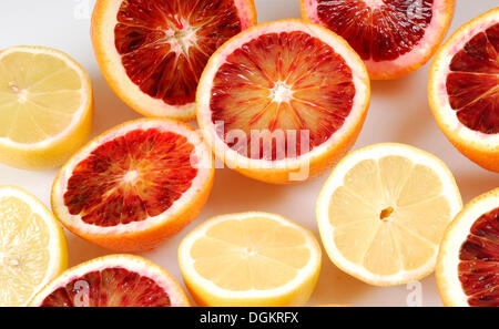 Blut-Orangen und Zitronen, Schnitt Stockfoto