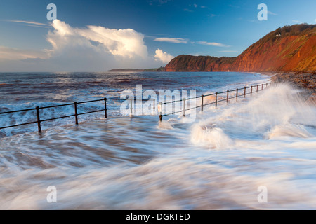 Wellen, die über den Gehweg in Sidmouth. Stockfoto