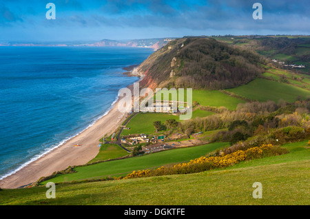 Blick auf Branscombe Mund und Strand in South Devon von East Cliff. Stockfoto