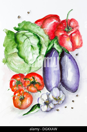 Frischen sommerlichen Gemüse Set - handgemachte Aquarell Malerei Illustration auf weißem Papier Kunst Hintergrund Stockfoto