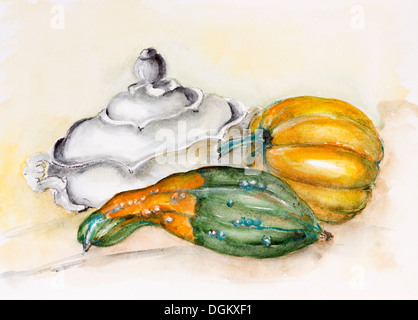 Dekorative Halloween Kürbisse Stillleben - handgemachte Aquarell Kunst Malerei Illustration auf einem weißen Papier Stockfoto