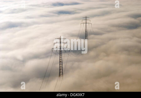 Luftaufnahme, Strommasten in Nebel, Hamburg, Hamburg, Deutschland Stockfoto