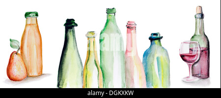 Kunst Aquarell handgemachte Triptychon - die Wahrheit im Wein und Saft. Konzept. Isoliert Stockfoto