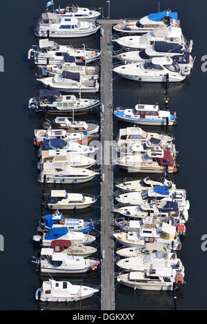 Luftaufnahme, Motorboote an einem Steg auf der Dove-Elbe, ein Anabranch der Unterelbe River, Hamburg, Hamburg, Deutschland Stockfoto