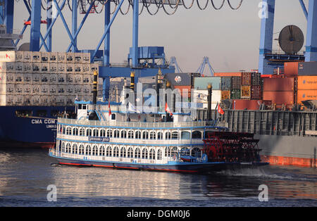 Containerschiffe und ein Raddampfer im Hamburger Hafen, Hafenrundfahrt, Hamburg Stockfoto