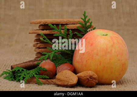 Spekulatius Cookies mit Nüssen und Apfel, Weihnachts-Motiv Stockfoto