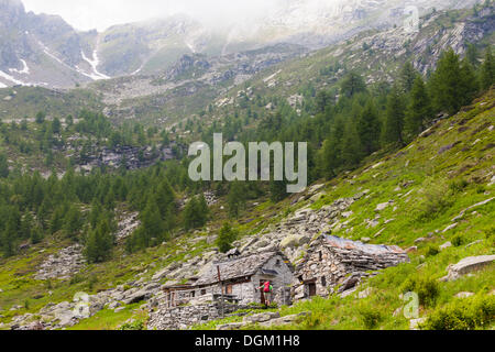 Mann an ein paar Hütten anreisen, beim Wandern, Bavona Tal, Valle Maggia, Tessin, Schweiz, Europa Stockfoto