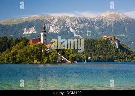 Bleder See, mit Blick auf die Wallfahrtskirche am Bleder Insel, Burg von Bled und Steiner Alpen, Nationalpark Triglav, Slowenien Stockfoto
